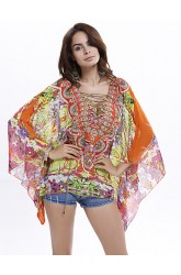 Women's Plus Size Batwing Sleeve Floral Print Chiffon Blouse