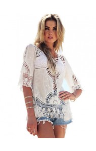 Women's Solid White Blouse,Round Neck ? Length Sleeve
