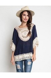 Women's Patchwork Lace Bohemian style Hollow Out Blouse,Round Neck ? Length Sleeve