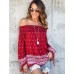 Women's Casual/Daily Sexy / Street chic Backless Bandage Spring / Fall T-shirt Print Boat Neck Long Sleeve Red