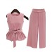 Women's Casual/Daily Plus Size / Street chic Summer Set,Solid Round Neck Sleeveless Pink / Black Cotton Medium