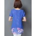 Women's Print Blue / Black / Orange Blouse,Round Neck Short Sleeve