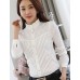 Women's Stand Collar Lace Patchwork Stripe Puff Sleeve Wild Slim Shirt