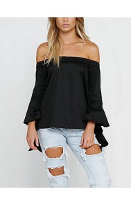 Women's Solid White / Black Blouse,Boat Neck ? Sleeve