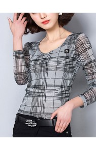 Women's Plus Size /Casual/Daily Sexy Spring /Fall Blouse Striped Mesh Long Sleeve Blue /Red /Black /Gray /Gold Nylon