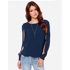 Sexy All Seasons Blouse,Solid Round Neck Long Sleeve Blue / Pink Polyester Thin