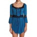 Women Blouse Lace Detail Lace-up Square Collar 3/4 Flare Sleeve Top