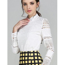 Women's Solid OL Style Hook Hollow Out Lace Slim All Match Plus Size Shirt,Shirt Collar Long Sleeve