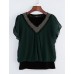 Women's Solid Red/Black/Green Blouse, Plus Size Beaded V Neck Short Petal Sleeve