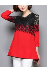 Women's Patchwork Pink / Red / Black Long section Blouse,Casual Lace Cut Out Fashion Round Neck ? Sleeve Polyester/Nylon
